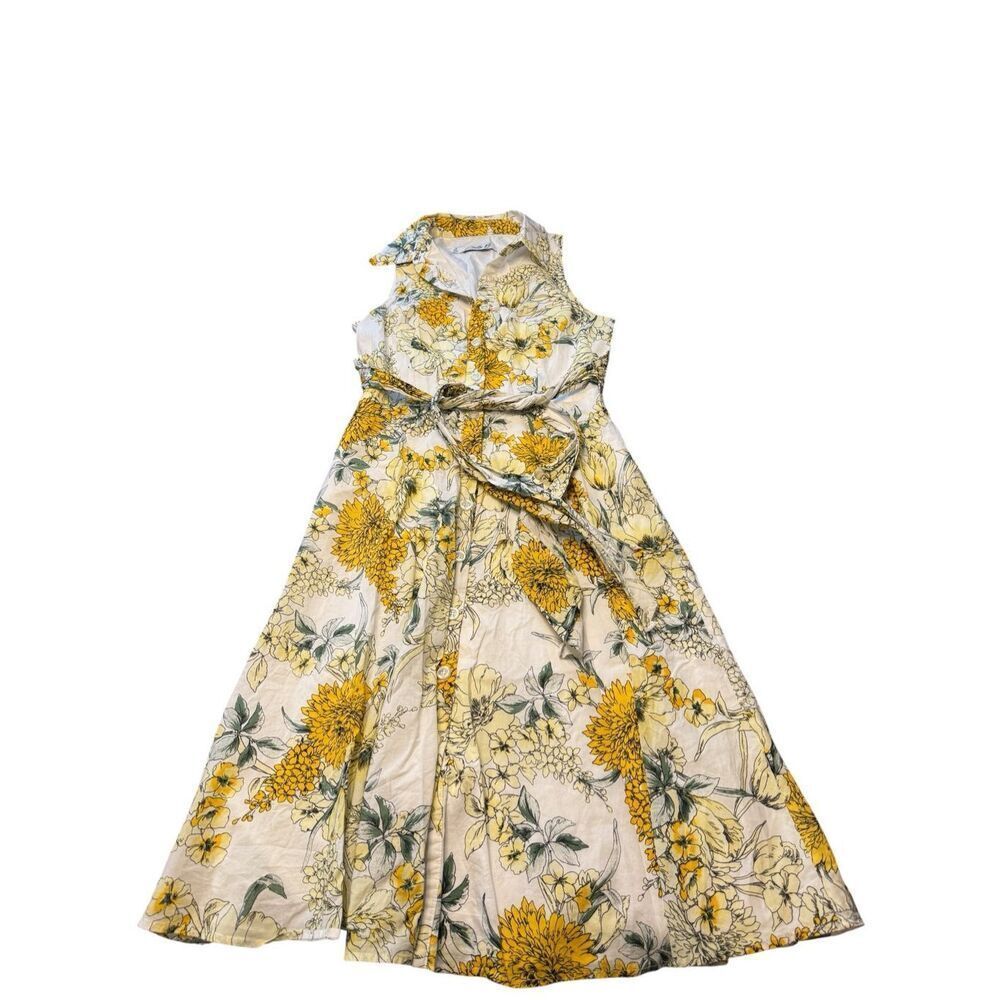 Chetta B Womens Sleeveless Floral Print Button Front A Line Dress Yellow Size 4 - Picture 2 of 7